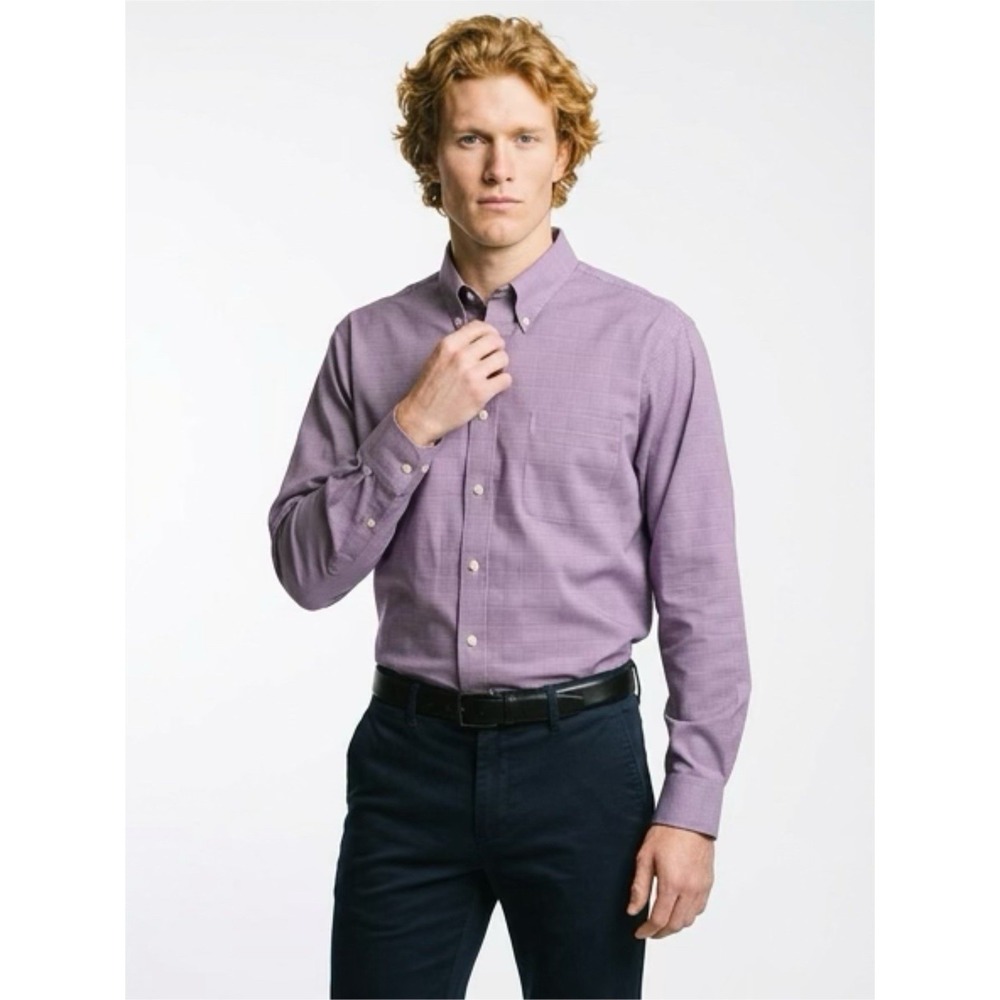 (….2)Kirkland Purple Check Long Sleeve Dress Shirt Traditional Fit 18-36/37
